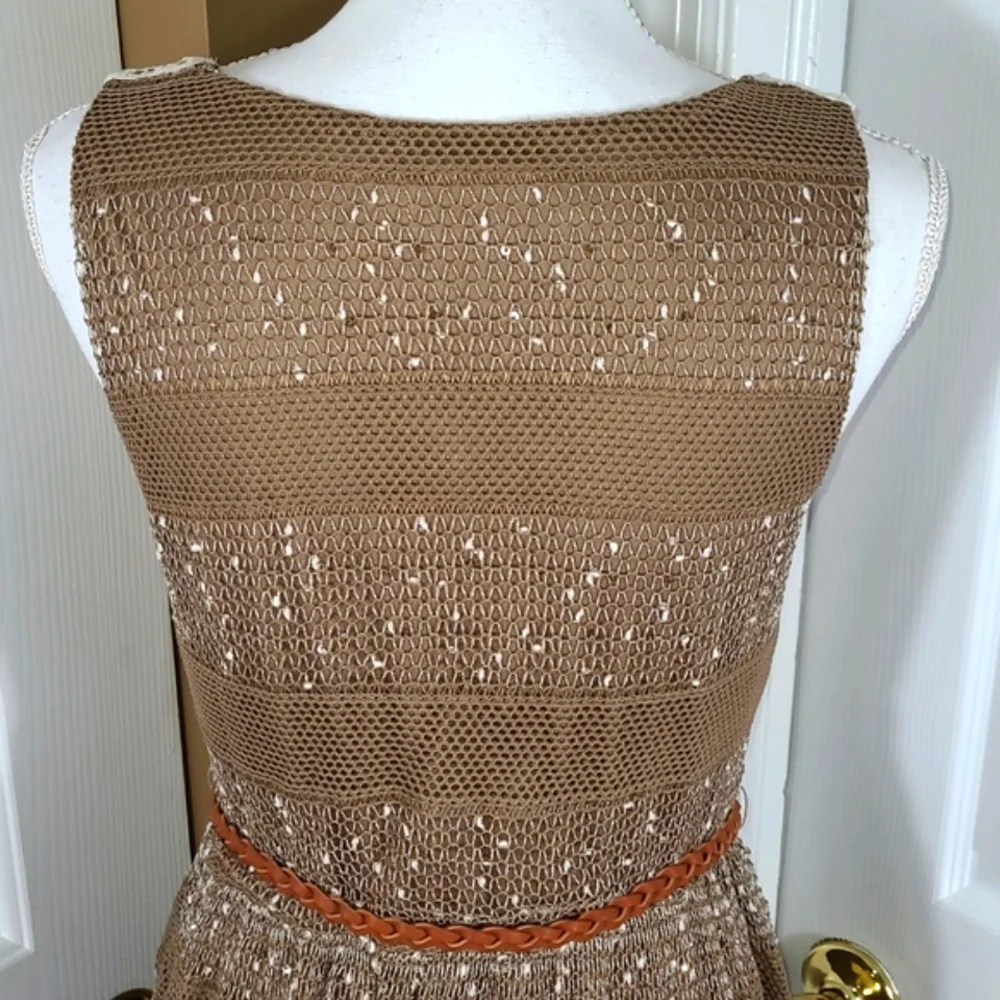 A'reve Striped Sleeveless Maxi Sundress Dress Brown Cream Crocheted Front - Picture 8 of 16